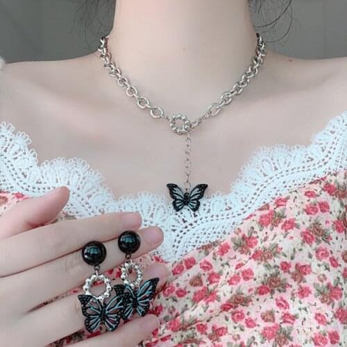 MWSONYA Fashion Korean Hollow Butterfly Pendant Chain Necklace for Women Butterfly Earrings Holiday Party Gift Jewelry Set