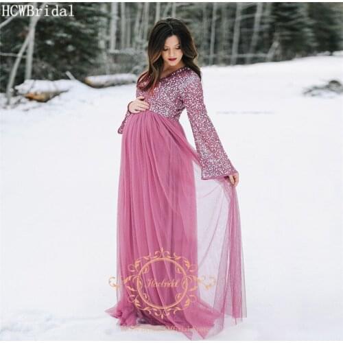Dusty Rose Long Sleeves Tulle Evening Dress For Pregnant Women Sliver Beads A Line Plus Size Formal Occasion Prom Party Gowns