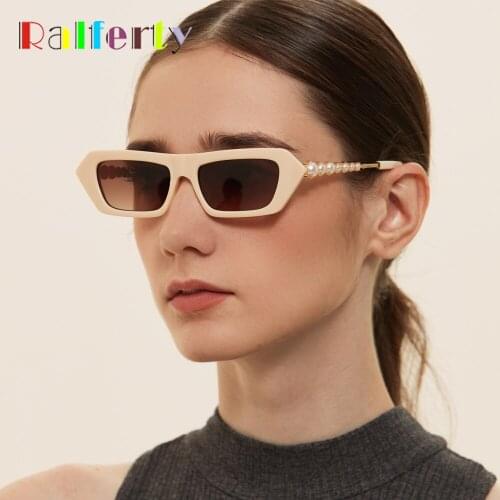 Ralferty Luxury Pearl Sunglasses Women 2020 New Designer Womens Sunglasses Small Rectangle Glasses UV400 Shades For Women W9508