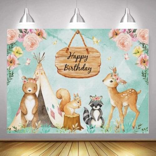Cartoon Deer Squirrel Bear Animal Flowers Background Girl Birthday Party Decoration Photography Studio 3D Digital Backdrop Cloth