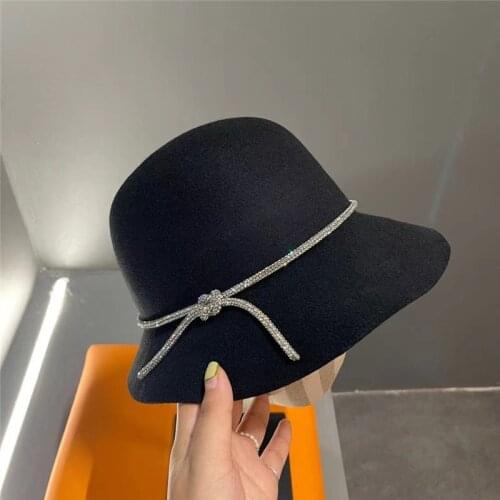 202108-wei new autumn winter wool Irregular brim rhinestone Rope bowknot grace lady bucket cap women leisure hat