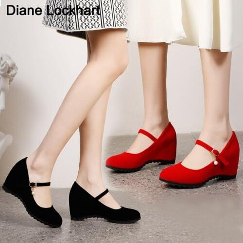 Womens Round head Wedges Ladies Solid Heels Slip On Flock Woman Pearl Platform Shoes Female Fashion Walking Pumps Footwear