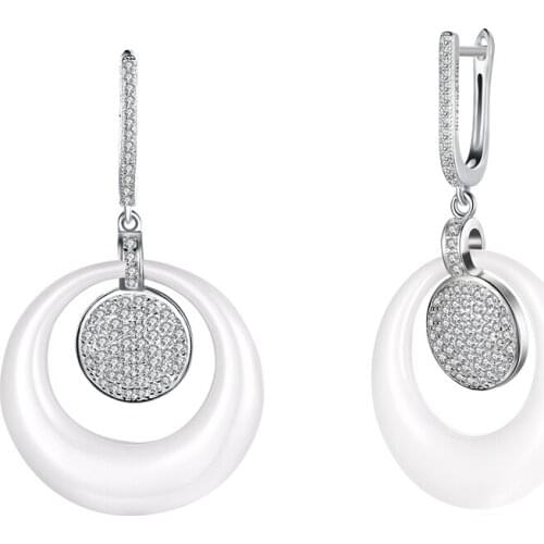 ZEMIOR Romantic Round 925 Sterling Silver Drop Earrings For Women Full Cubic Zirconia Hanging White Ceramic Earring Jewelry