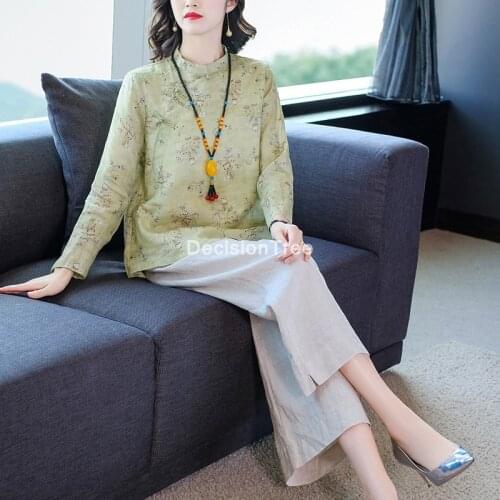 2021 ladies china sytle top+pants sets chiffon qipao blouse suits chinese style tea clothes elegant cheongsam top pants set