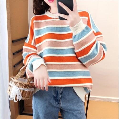 2020 New Autumn Winter Women Colorful Striped Sweater Long Sleeve Casual Loose O-Neck Pullover Knitted Patchwork Tops