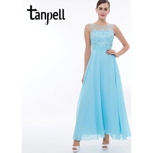 Tanpell scoop long prom dress ice blue sleeveless ankle length a line dresses lace zipper up women party graduation prom gown
