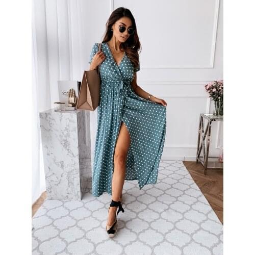 Womens Maxi Long Dress Summer Sexy Ladies Short Sleeve Polka Dot Dreeses Split Vestidos Femela Boho Beach Dress Plus Size