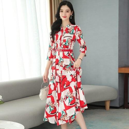 Dress Female 2020 Spring New Korean Seven-point Sleeve Print Dress Temperament French Floral A-line Dress Plus Size 4XL R302