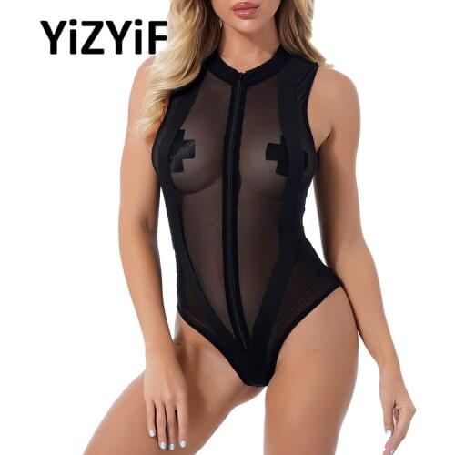 Women Sheer Mesh Front Zipper Bodysuit Exotic Transparent Sleeveless Jumpsuit Sexy One Piece Underwear Teddy