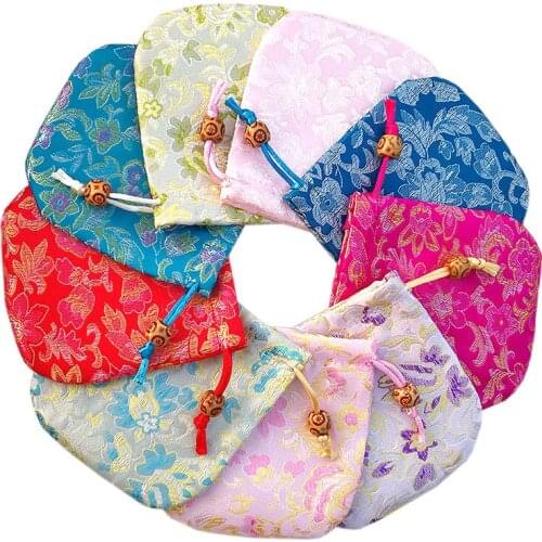 Floral Chinese Silk Pouch Christmas Favor Bags Drawstring Gift Bag Candy Pouch Wedding Party Tea Bags Empty 100 pcs/lot