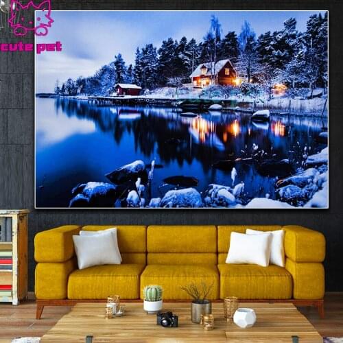 5d Diamond Painting winter nightscape lake and forest lonely house DIY Mosaic rhinestone square round Drill cross stitch decor
