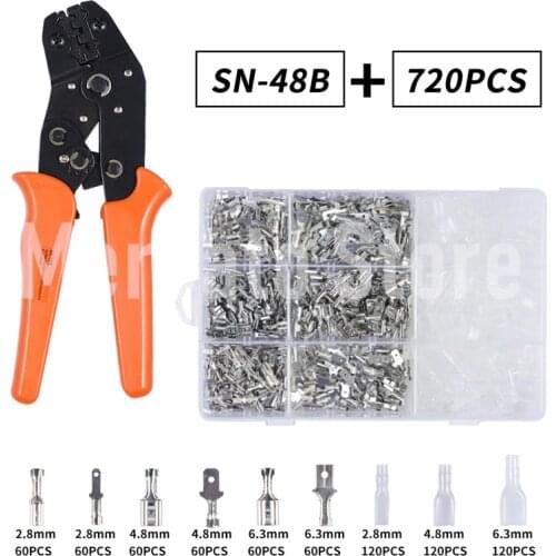 720Pcs 2.8/4.8/6.3mm Male&Female Spade Quick Splice Wire Crimp Terminal Connector Block with Insulating Sleeve SN-48B Plier Kit