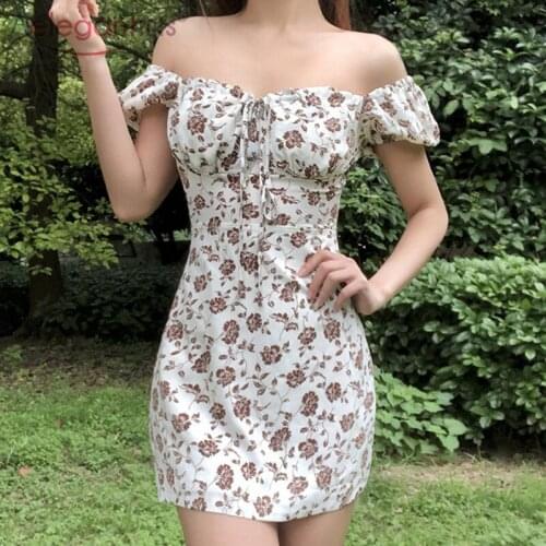 Aelegantmis Korean Fashion Off Shoulder Print Mini Dress Women Sexy Lantern Sleeve Dress A Line Empire Vintage Vestidos Party