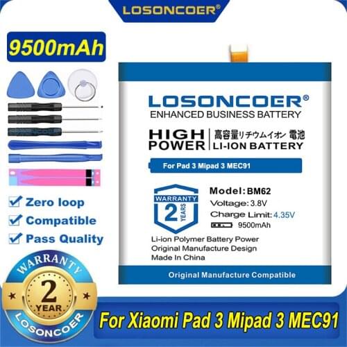 100% Original LOSONCOER 9500mAh BM62 Battery For Xiaomi Pad 3 Mipad 3 MEC91 Baterry