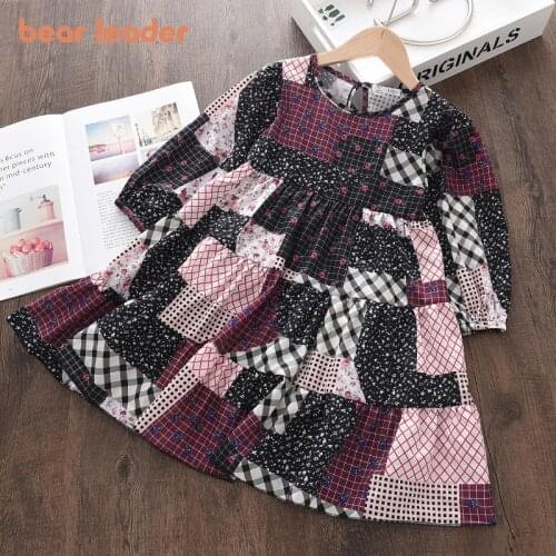 Bear Leader Baby Girls Patchwork Costumes 2021 Spring Fashion Kids Girl Casual Long Sleeve Dresses Children Plaid Vestidos 3-7Y