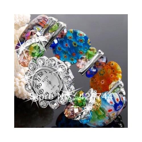 2PCS Crystal Murano Glass Beads Bracelet Bangle Flower Watch CHIC
