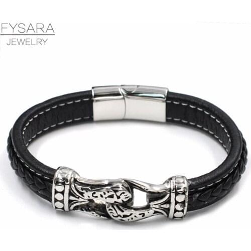 FYSARA Black Genuine Leather Charm Cuff Vintage Braided Bracelets Trendy Handcuffs Stainless Steel Men Bracelets Bangles Sporty