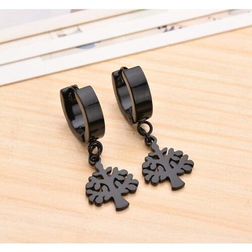 Mens Smooth Tiny Stainless Steel Hoop Earrings Small Simple Huggies With Leaf Tree Pendants Creative Earring Piercing Accessory