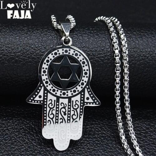 Jewish Star of David Stainless Steel Bullet Shape Hexagram Hamsa Hand Silver Color Pendants Necklace for Men Punk Jewerly N19751