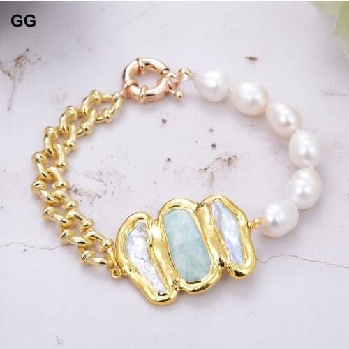 GuaiGuai Jewelry Cultured White Rice Pearl Amazonite Biwa Pearl Chain Bracelet 8"