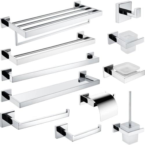 Chrome Polished Double Towel Bars Bathroom Towel Hanger Rack Stainless Steel Bathroom Accessories Soap Dish Toilet Brush Holder