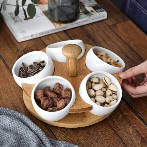 Creativity Ceramic Grid Fruit Plate Round Wooden Bottom Modern Style Home Dried Fruit Snack Candy Snack Platter Storage Box WF