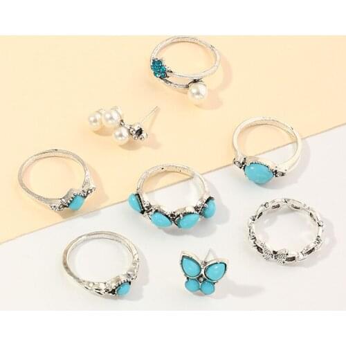 8Pcs/Set Fashion Butterfly Pearl Metal Ring Women Crystal Pavé Elegant Trend Summer Jewelry Accessories Friendship Gift
