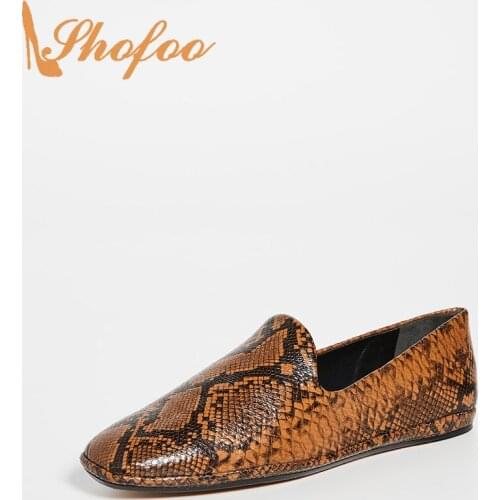 Brown Snakeskin Embossed Flats Woman Square Toe Loafer Shoes Slip On Large Size 13 15 For Ladies Fashion Office Mature Shofoo