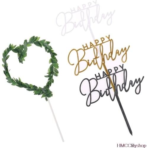 New Happy Birthday Cake Topper Green Leaves Love Shape Cake Decoration Supplies