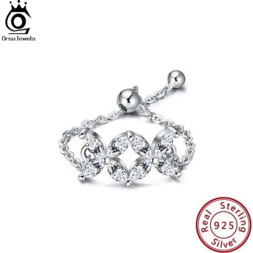 ORSA JEWELS 925 Sterling Silver Rings Butterfly Shape Glittering CB Stone Trendy Finger Chain For Women Anniversary Gift SR231