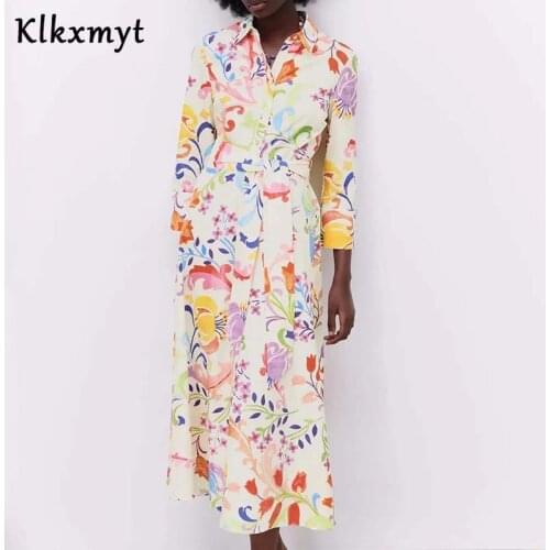 Za Dress Women Summer 2021 Floral Print Shirt Dress Woman Fashion Belt Button Up Midi Long Sleeve Casual Female Party Dresses