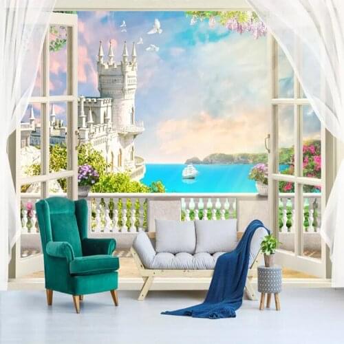 Custom Mural Wallpaper 3D Stereo European Window Balcony Sea Photo Fresco Living Room TV Sofa Home Decor Wall Cloth