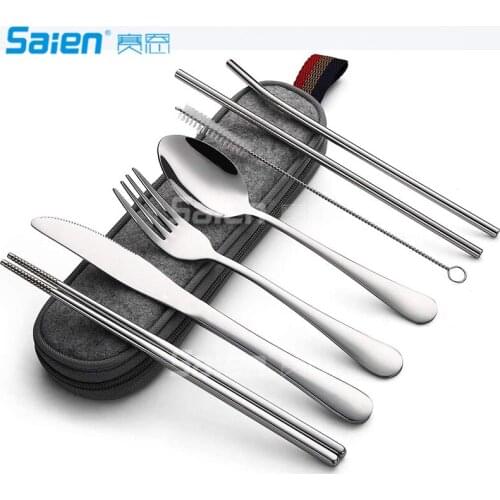 Portable Utensils, Travel Camping Cutlery Set, 8-Piece including Knife Fork Spoon Chopsticks Cleaning Brush Straws Portable Case