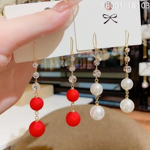 Gorgeou Trend Rhinestone Earrings Luxurious Temperamental Red White Simulated-pearl Sweet Eardrop For Women Party Jewelry Gift