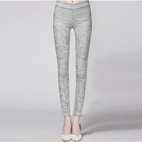 95% Silk Pencil Pants Women Elastic Waist Patchwork Lace Pockets 2 Colors Skinny Trousers Fashion Europe and America Style 2018