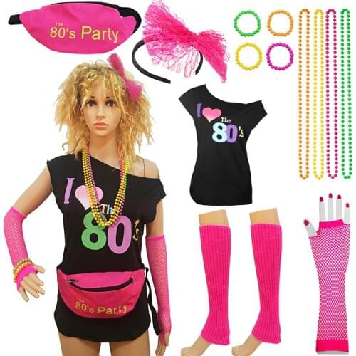 New 80s Neon Series Costume For Women Printed T-Shirt With Fanny Accessories Set Headband Necklace Bracelet Gloves Party Props