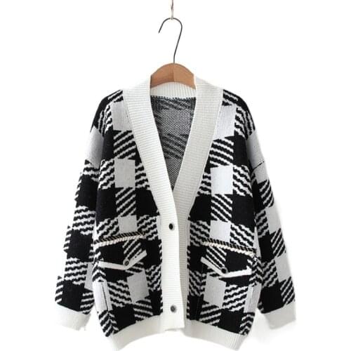 Houndstooth Plaid British Chic Knit Women Cardigans 2021 Winter Warm Coat Sweater Preppy Style Casual Ladies Soft Jumpers Tops