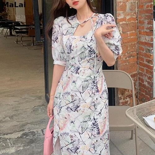 Female Office Lady 2021 Summer Short Sleeve French Vintage Midi Dress Women Floral One Piece Dress Korean Design Elegant Dress
