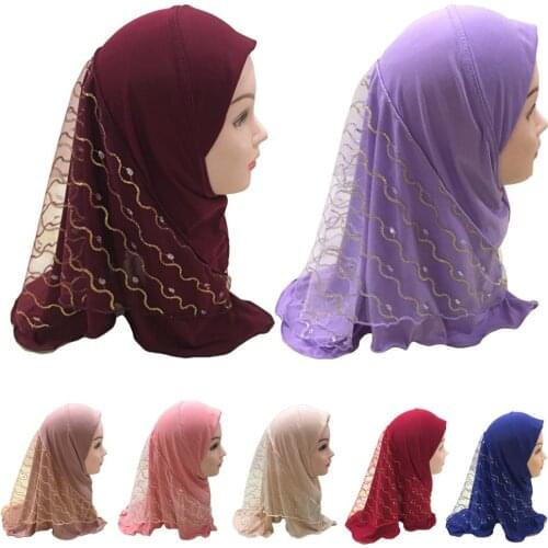 2019 Girls Kids Muslim Pretty Hijab Islamic Arab Scarf Shawls Flower Pattern Headscarf Children Shawls Wrap Headwear Caps Amira