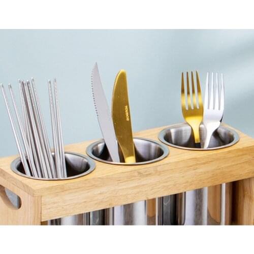 203F Flatware Holder Stainless Steel Cutlery Basket with Wooden Base Stand for Forks