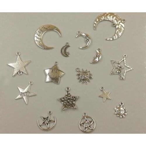30-60pcs Mixed Antique Silver Alloy Sun Moon Star Charm Pendant Fit Bracelet Necklace DIY Metal Jewelry Making
