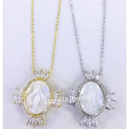 5pcs/lot Micro Pave Crystal Cubic Zirconia Virgin Maria Mother of Pearl Pendant Necklace Collar Fashion Jewelry Joyeria