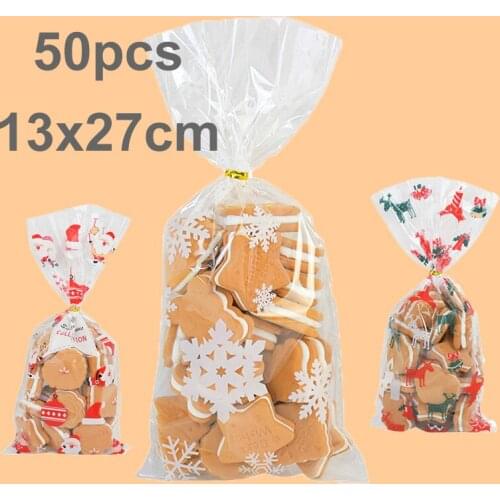 50pcs Plastic Bags Christmas Pattern Cookie Bags Birthday Gift Bags For Candy Biscuits Snack Baking Package Party Supplies