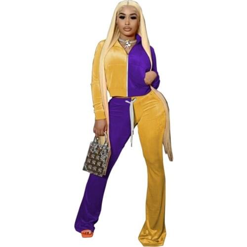 African Womens Casual Pants Long-Sleeved Jacket + Flared Pants Two-Piece 2021 Autumn Winter New Gold Velvet Slim Trousers Suit