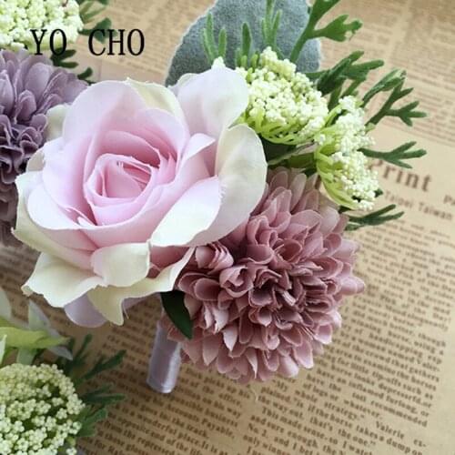 YO CHO 2018 Fashion Pink Purple Wrist Corsage Flowers Bridesmaid Sisters Groomsman Boutonniere Pin Brooch Wedding Dancing Party