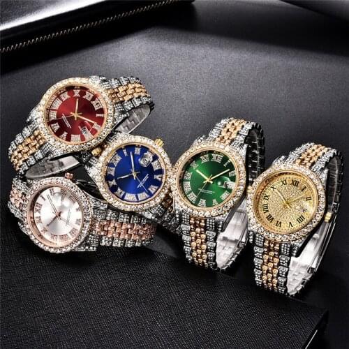 Trendy Fashion Hip Hop Mens Wristwatches Retro Luxury Diamond Band Calendar Steel Band Quartz Watch Male
