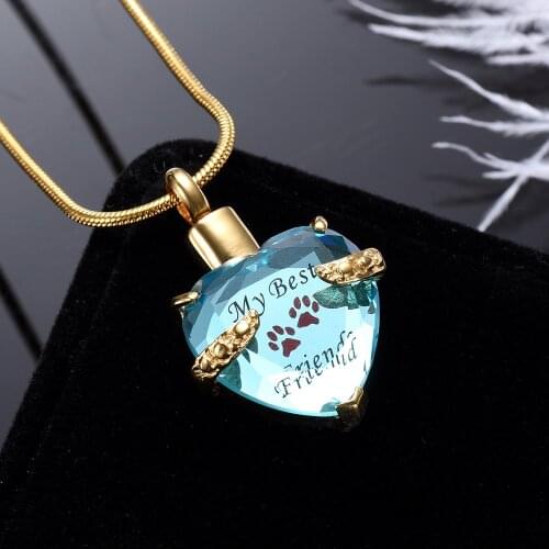 IJD108 Stainless Steel Pet Paw Gold Color Memorial Jewelry Pet Keepsake Urn Necklace Blue Crystal Stone Cremation Pendant