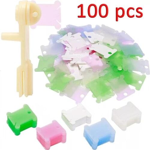 Imzay 100 Pcs Random Color Plastic Floss Bobbins With 1 Pcs Bobbin Winder, Floss Bobbins Set For Craft DIY Embroidery