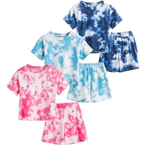 Toddler Baby Girls Tie-dye Clothes Sets Summer Kids Short Sleeve T-shirt Top+Pants Knitted Cotton Outfits Children O-neck Suits