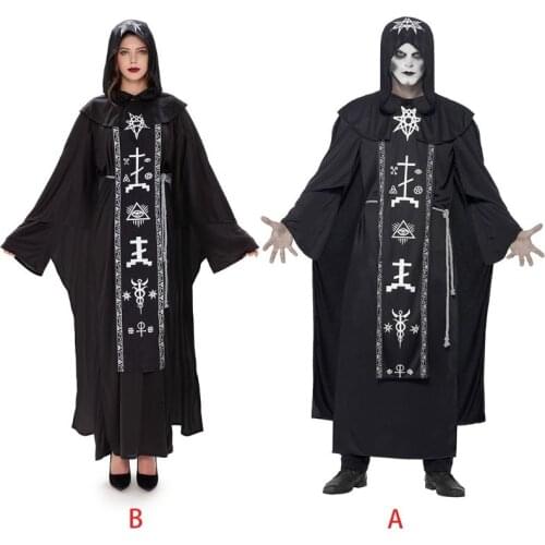 Men Women Halloween Cosplay Costume Set Mystic Sorcerer Robe with Hooded Cape Waist Belt Medieval Vintage Wizard Vampire 85LB
